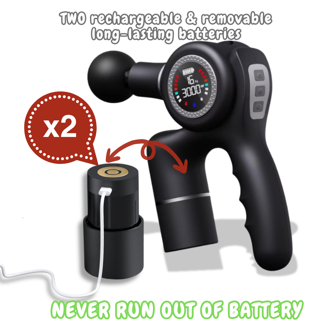 Profesjonell massasjepistol EVOLVIENCE PRO – doble batterier